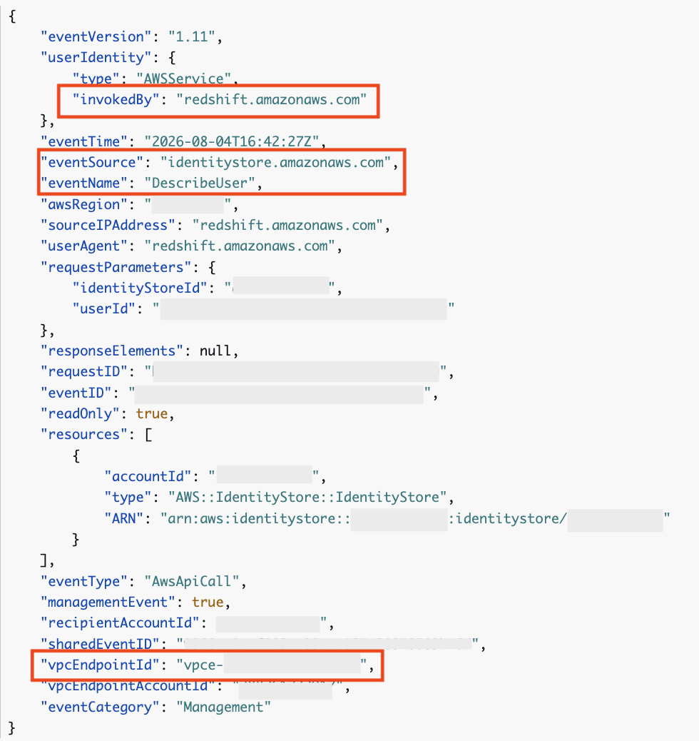 CloudTrail DescribeUser event with event source identitystore.amazonaws.com and a vpcEndpointId field