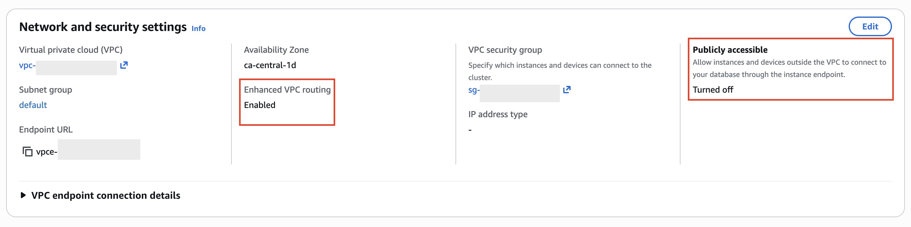 Amazon Redshift Network and security section with enhanced VPC routing turned on and public access turned off