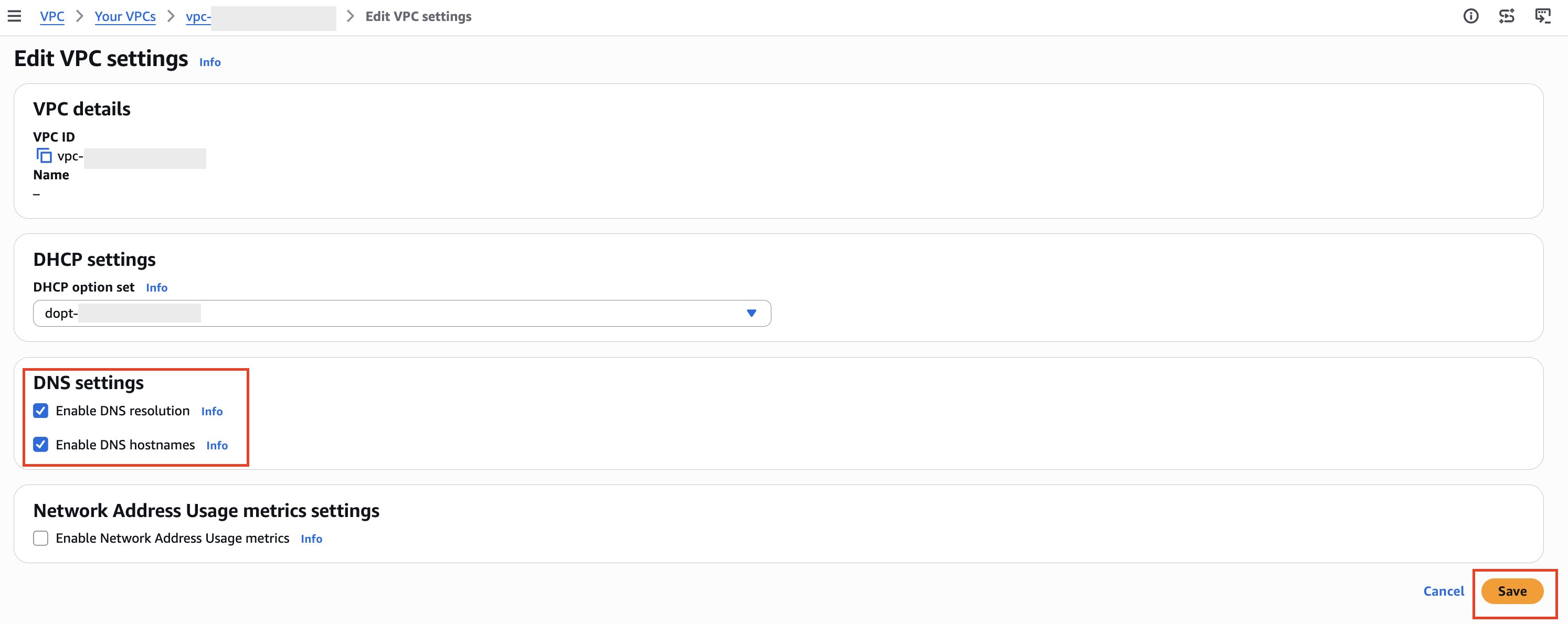 Edit VPC settings page with the DNS hostnames and DNS resolution attributes being enabled