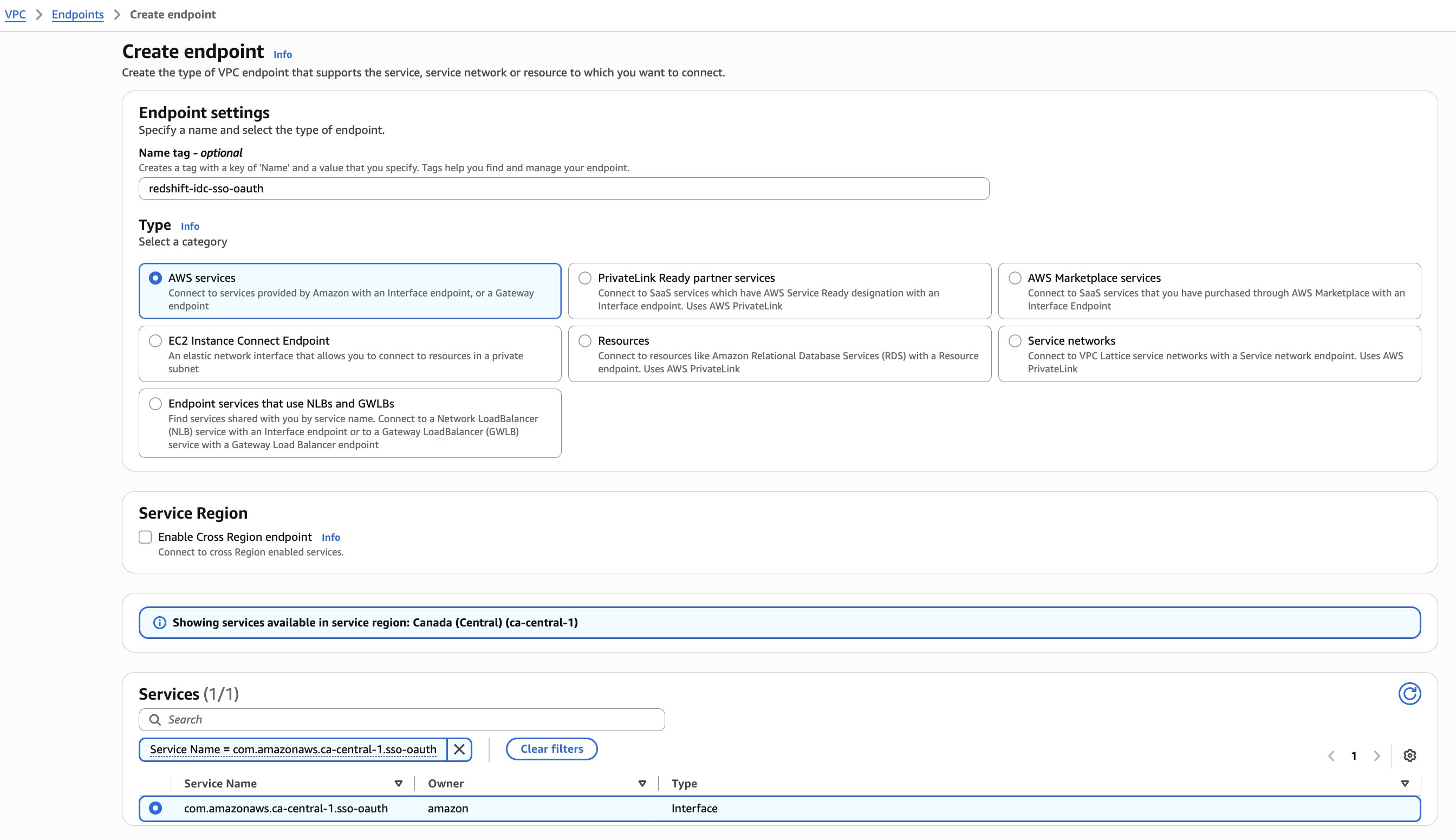 Create endpoint page with the sso-oauth service selected for the Region