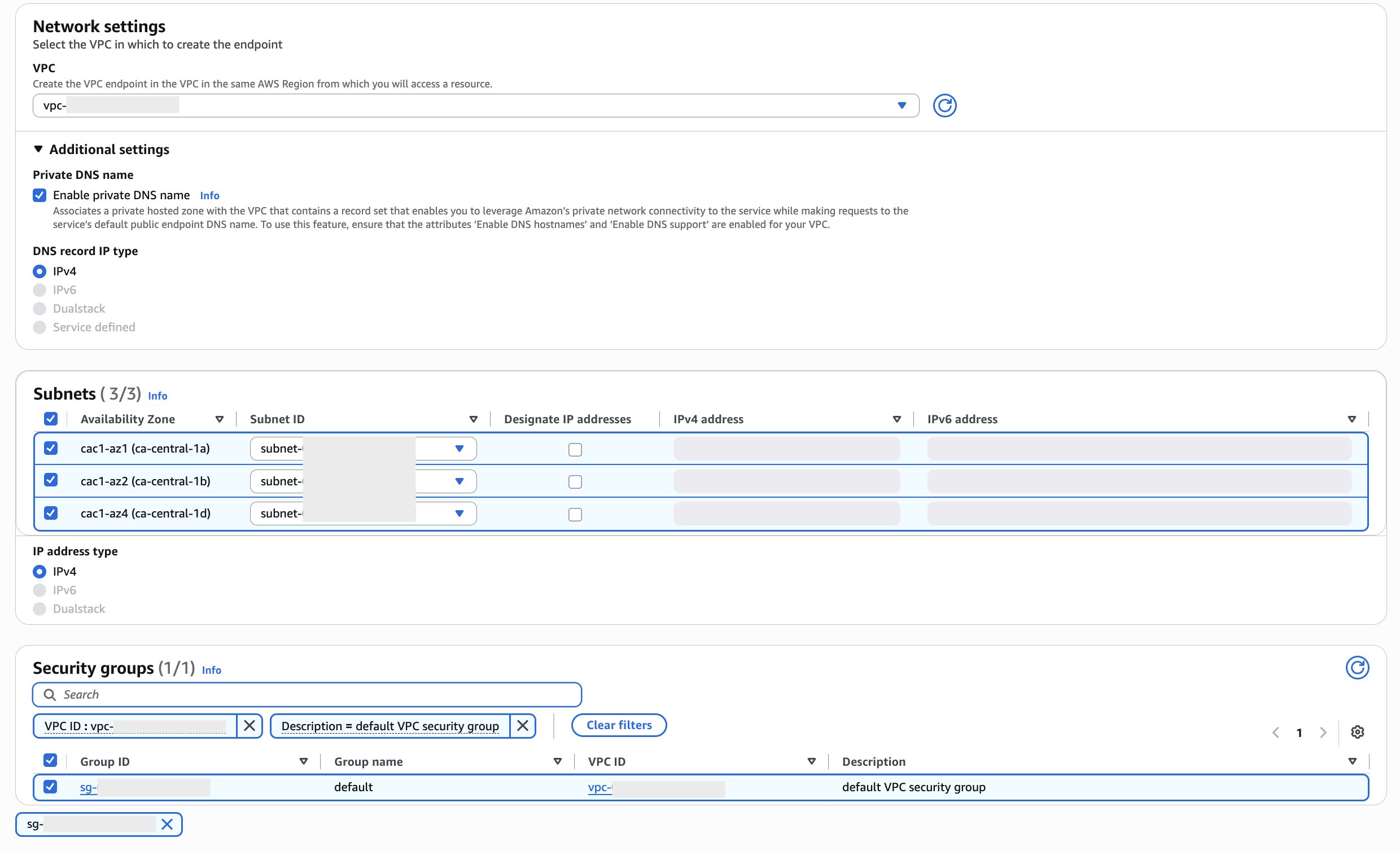 Create endpoint page showing the VPC, subnet, and security group selections