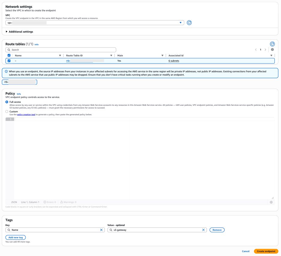 Create endpoint page showing the VPC and route table selections for the S3 gateway endpoint