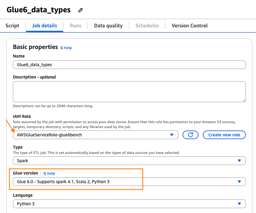 AWS Glue Job details tab with the Glue version set to Glue 6.0 and other settings left as defaults