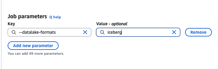 Advanced properties section showing the Job parameters key –datalake-formats set to the value iceberg