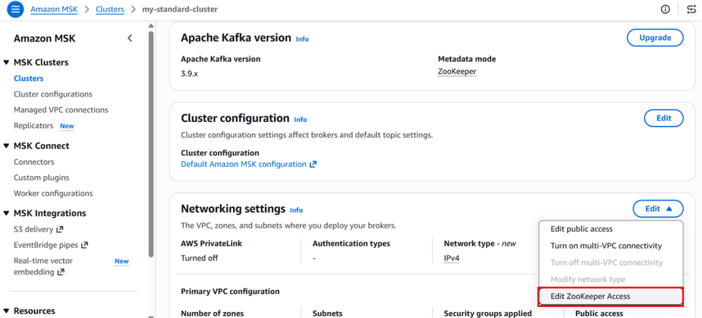 Figure 1: Editing ZooKeeper access from the cluster network settings