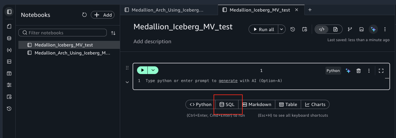 SQL cell-type button in the notebook toolbar