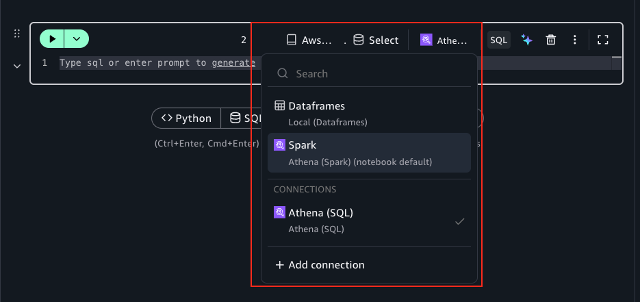 Compute connection selection in the notebook cell menu