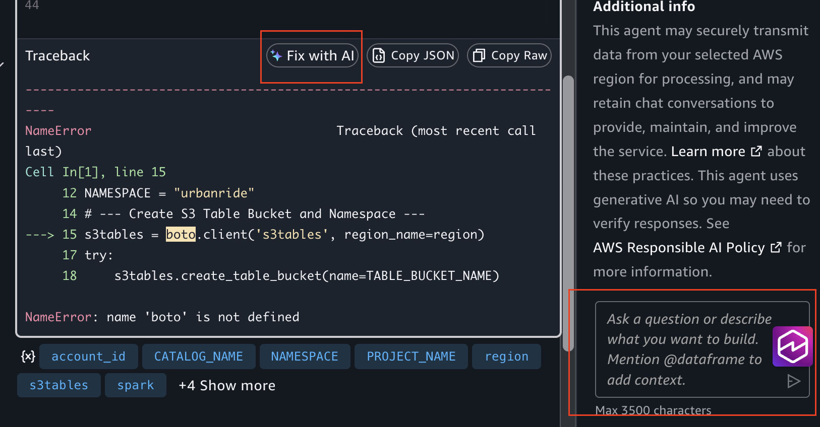 Fix with AI button and data agent chatbot for resolving cell errors