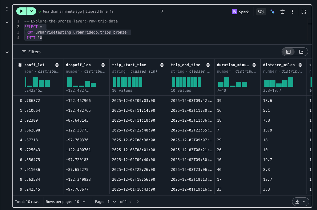 Preview of raw Bronze table trip records with string timestamps and nullable fields