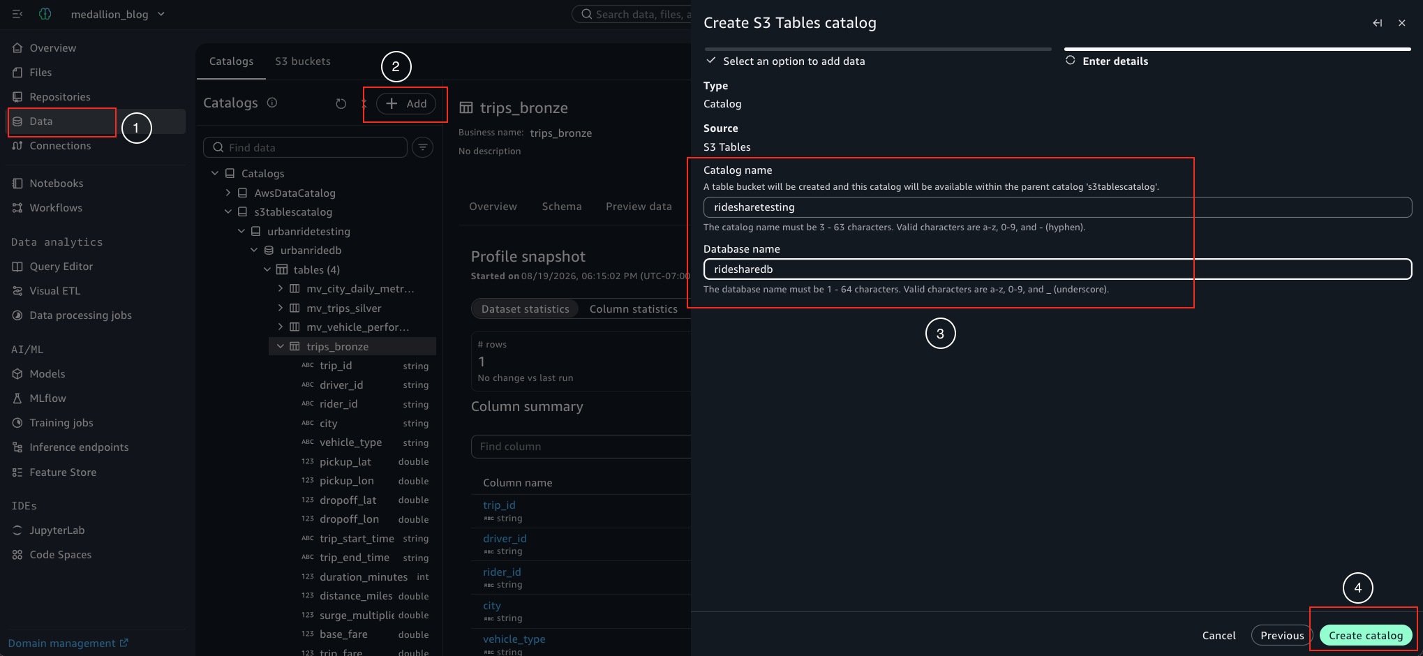 Create S3 Tables Catalog dialog with catalog and database name fields
