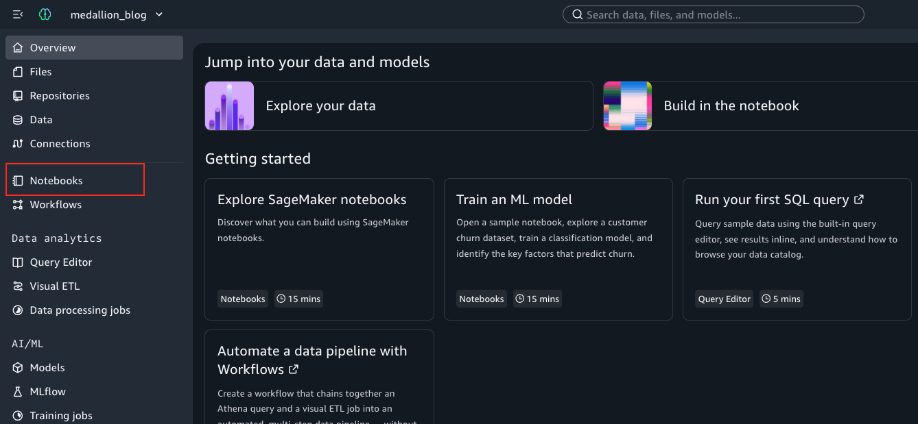 Notebooks option in the SageMaker Unified Studio left navigation pane