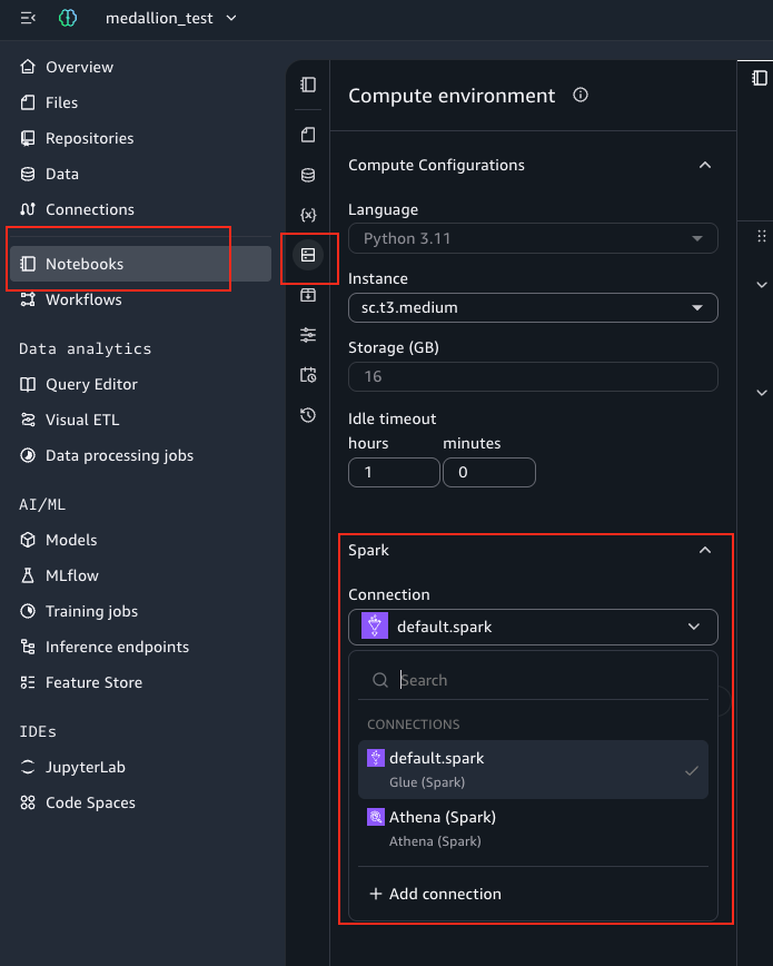 Runtime engine selection showing Athena Spark and Glue Spark compute connections