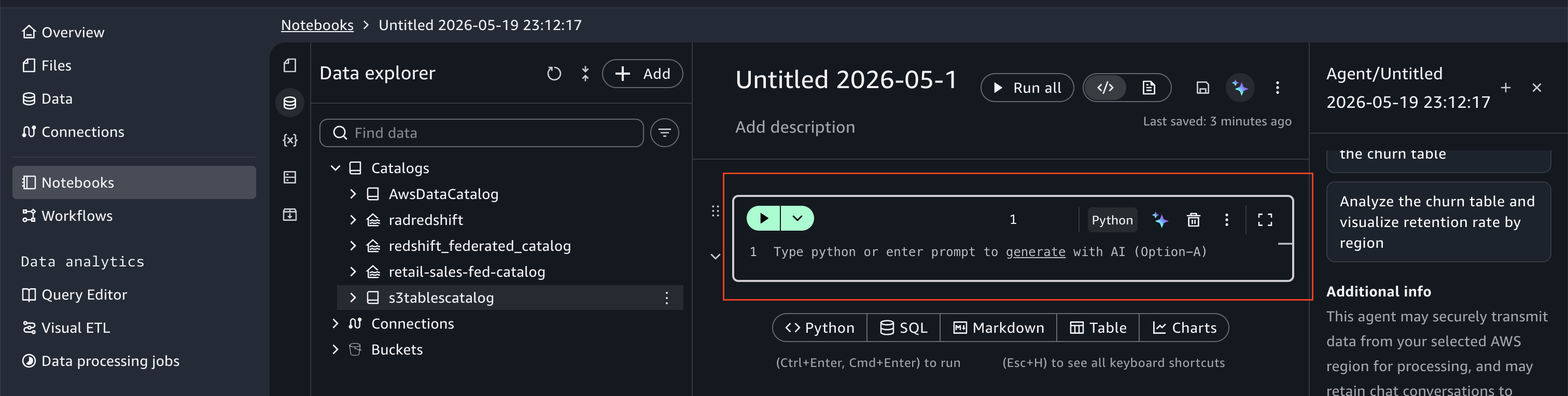 SageMaker Data Agent generating SQL from a natural language prompt