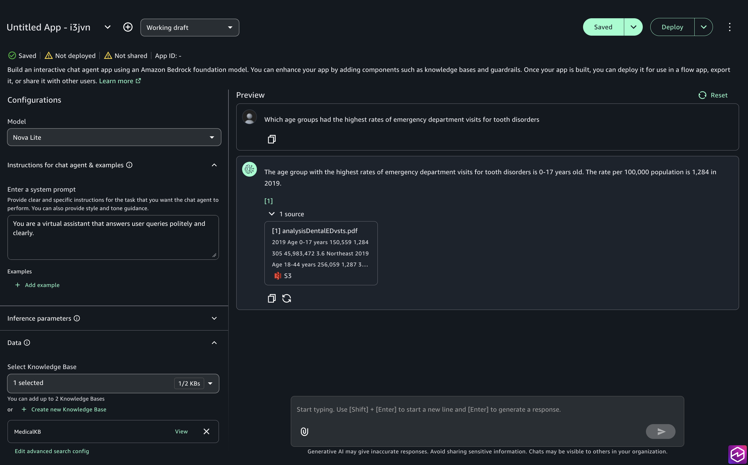 Chat agent page with a model selected and the MedicalKB knowledge base chosen, ready to enter a prompt