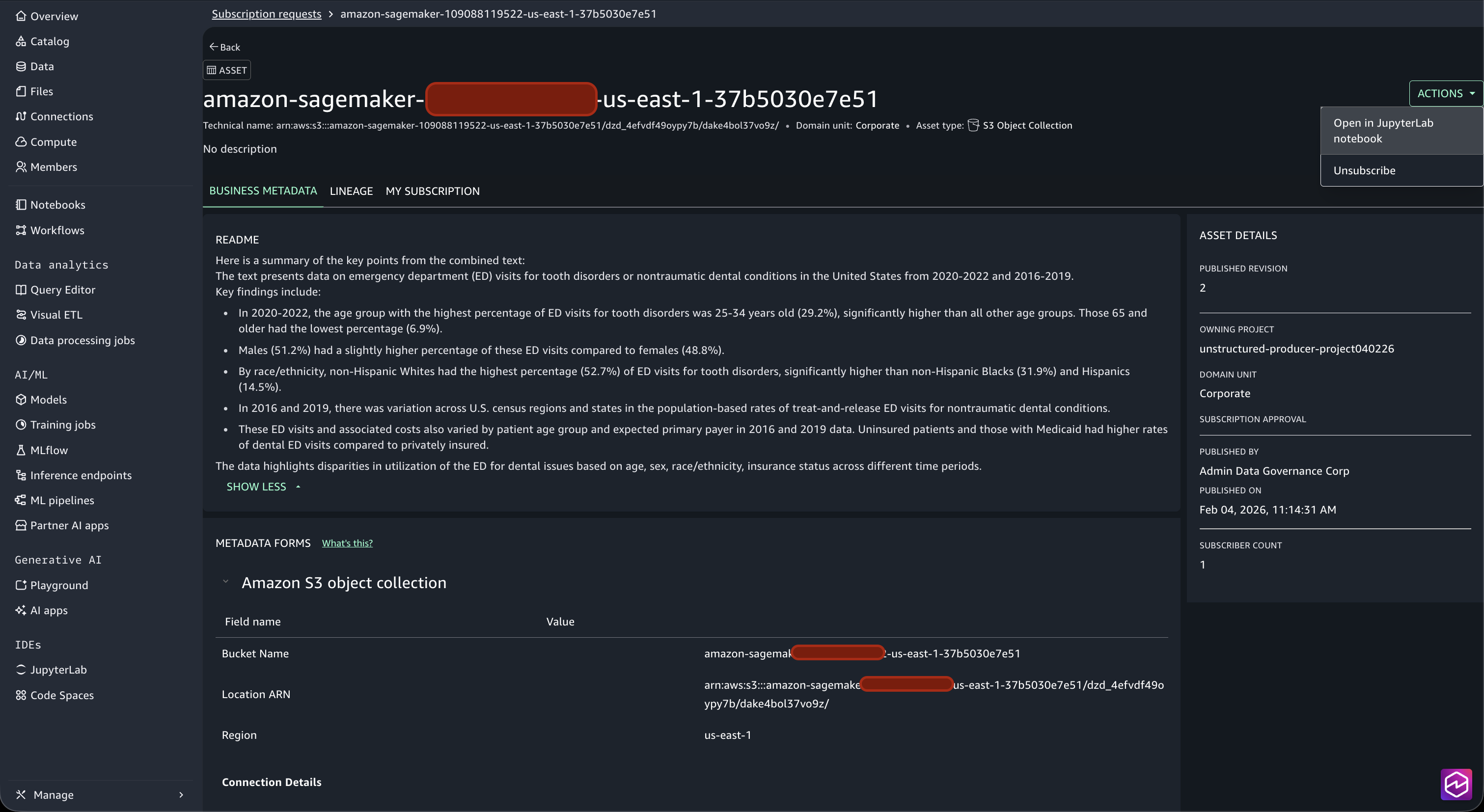 Subscribed S3 asset Actions menu with Open JupyterLab notebook selected in the consumer project