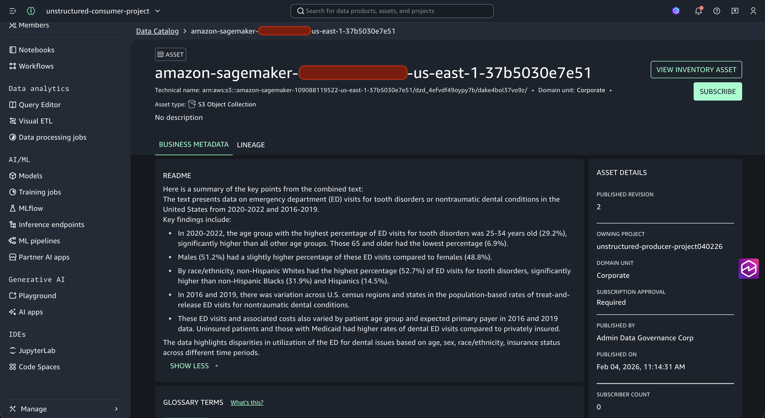 Asset details page showing AI-generated business metadata, glossary terms, and README content, with the Subscribe button