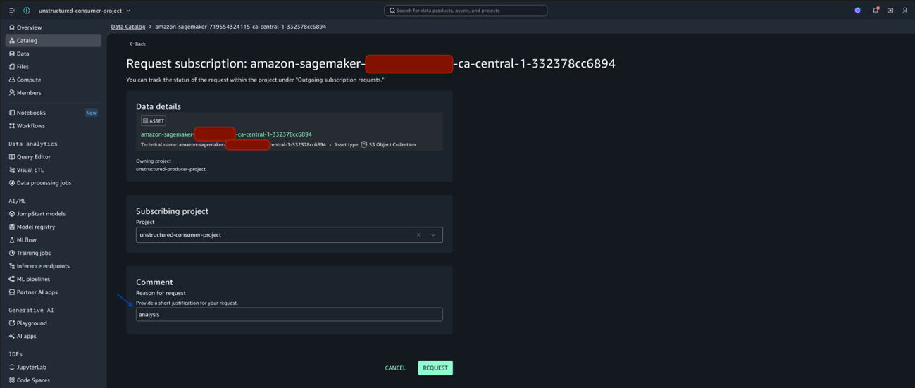 Subscription request dialog with analysis entered as the reason for request in the Comment box