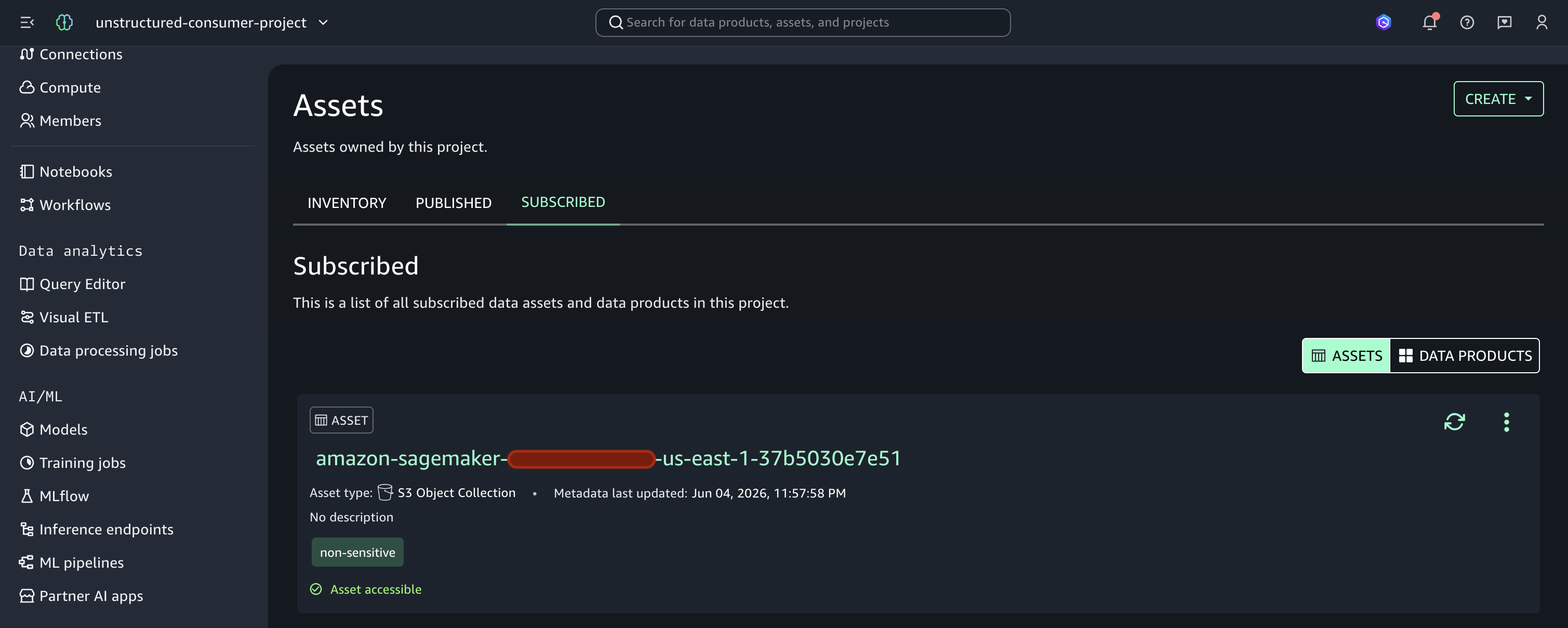 Consumer project Subscribed assets list confirming the approved subscription
