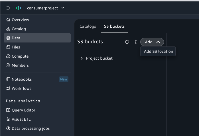 Data tab in the project Overview with the S3 bucket selected and the Add button to register the S3 location