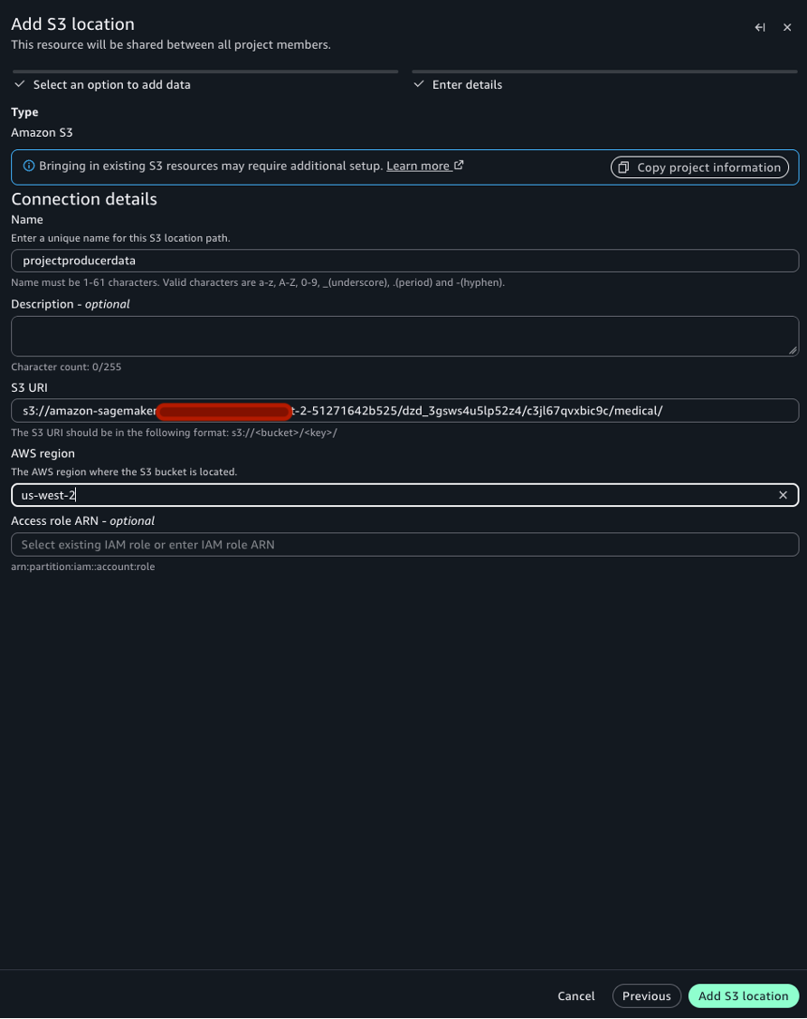 S3 location page with the location name, producer S3 path, and AWS Region entered before choosing Add data