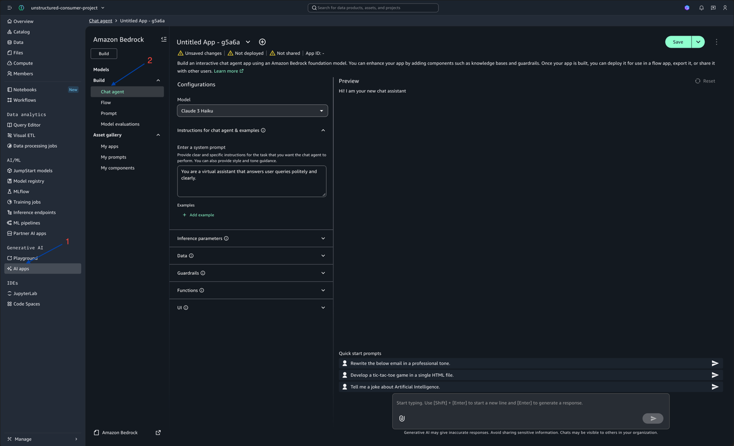 AI Apps Build section with Chat agent selected in the left navigation under Generative AI