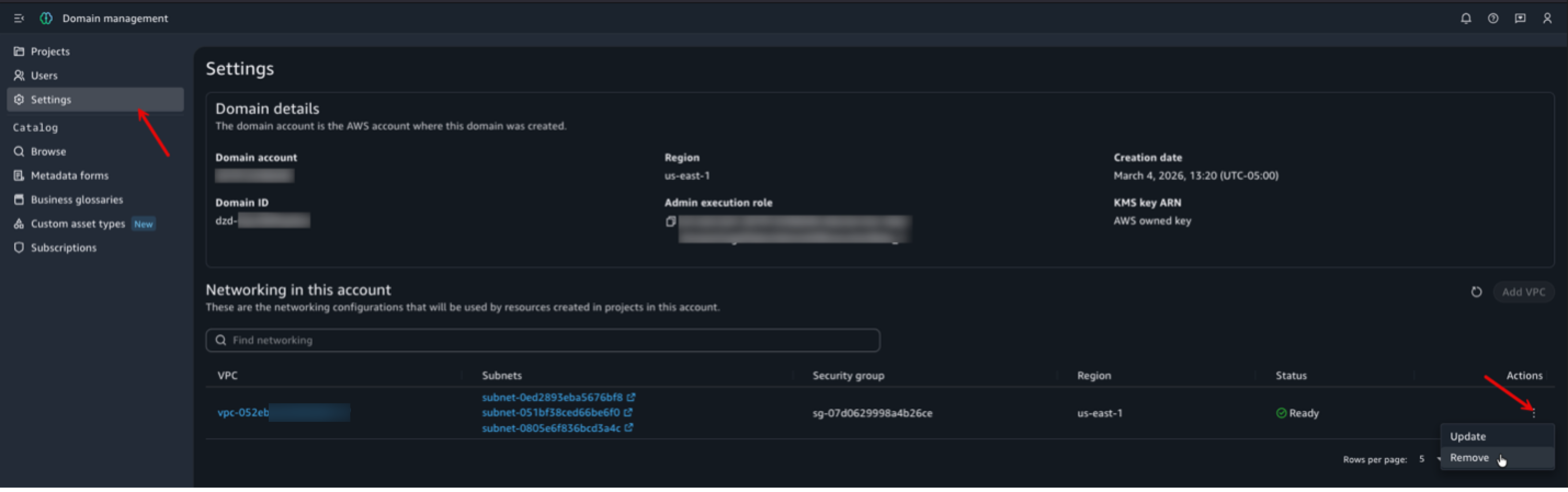 Actions menu in the Networking in this account section showing the Remove option.