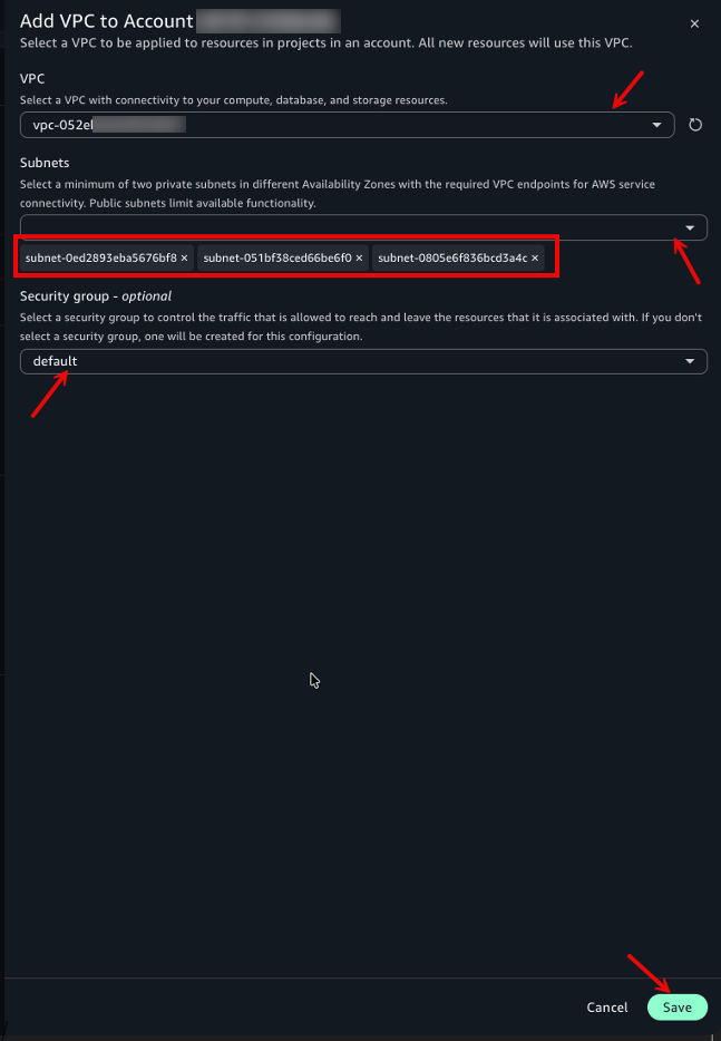 Add VPC dialog with fields for VPC, subnets, and security group selection.