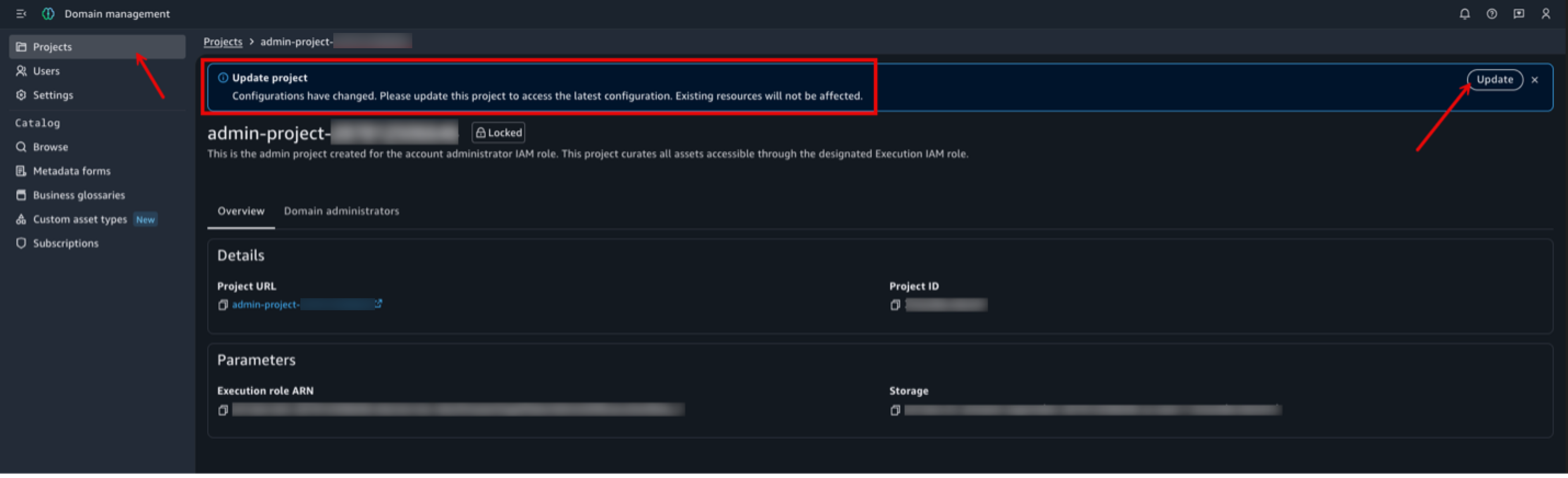Project detail page showing the update banner for VPC configuration changes.