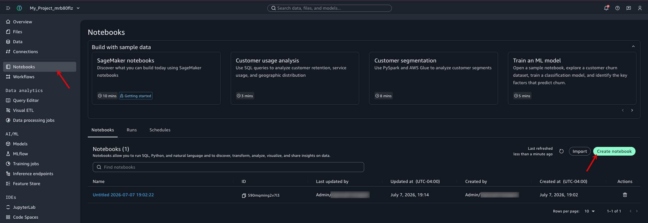 Creating a notebook in a SageMaker Unified Studio project to validate VPC connectivity.