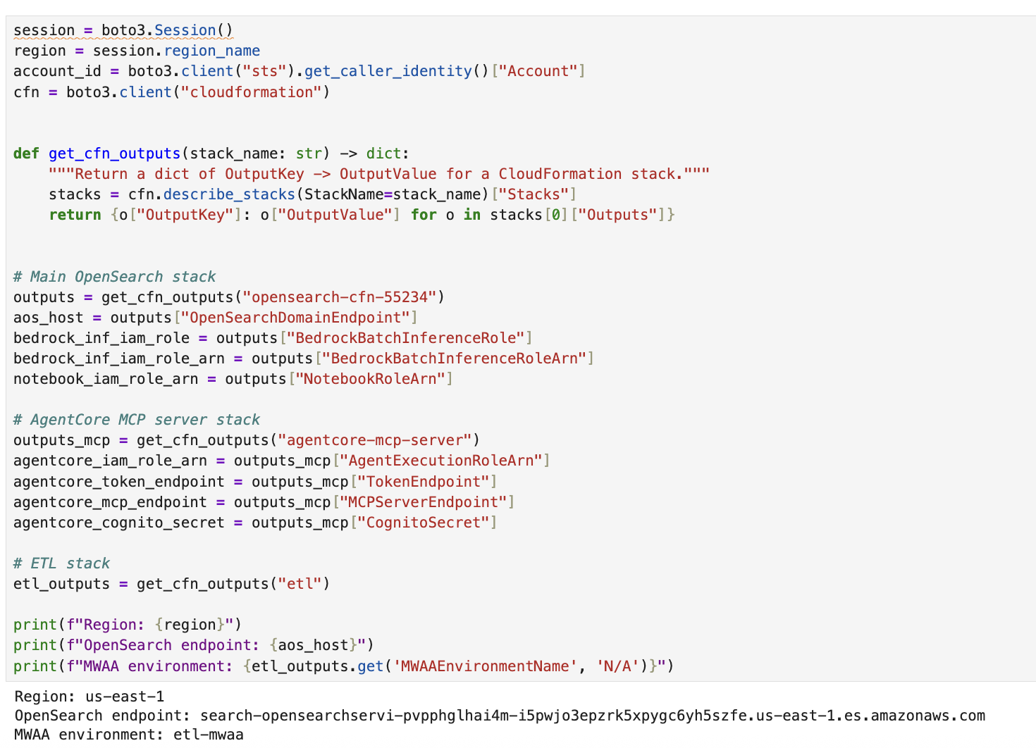 Notebook cell that loads the CloudFormation stack outputs