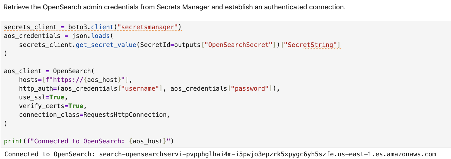 Notebook cell that retrieves the OpenSearch admin credentials from Secrets Manager