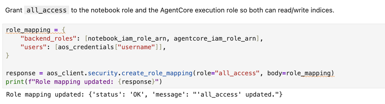 Notebook cell that grants OpenSearch access to the notebook role and the AgentCore execution role