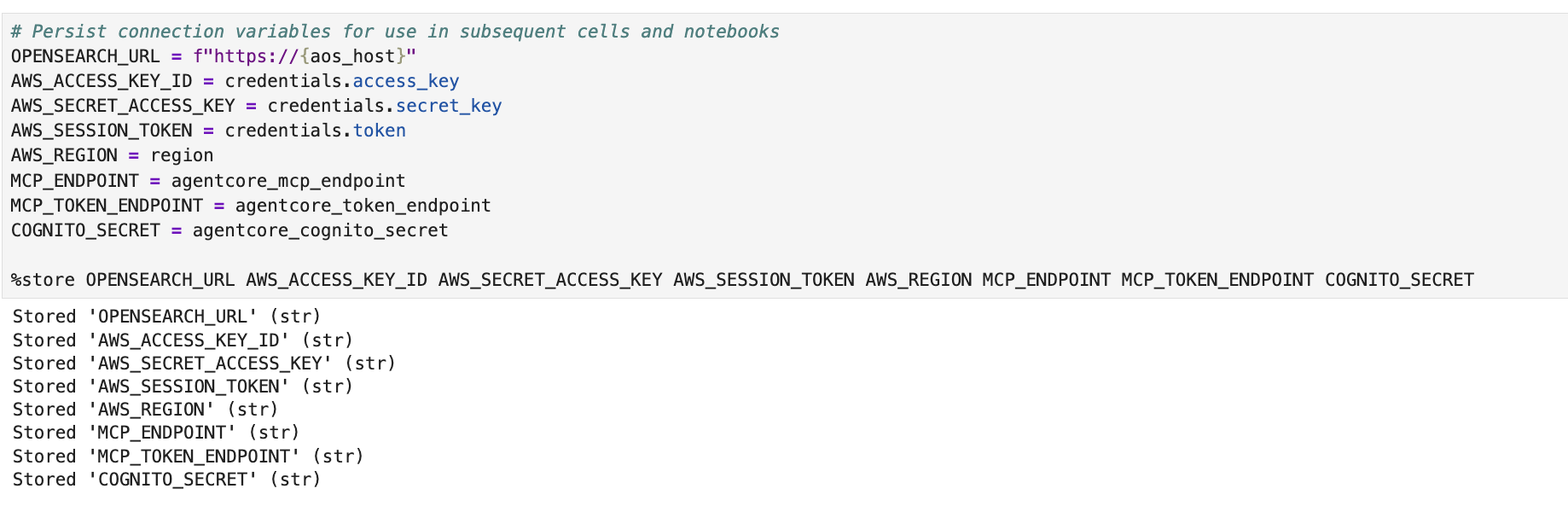 Notebook cell that persists the OpenSearch connection variables