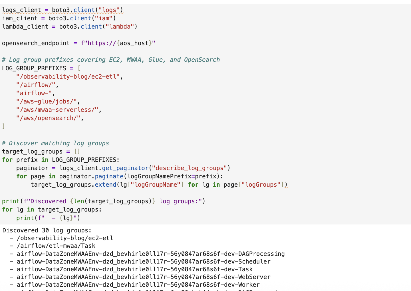 Notebook cell that creates a Lambda function and CloudWatch subscription filters