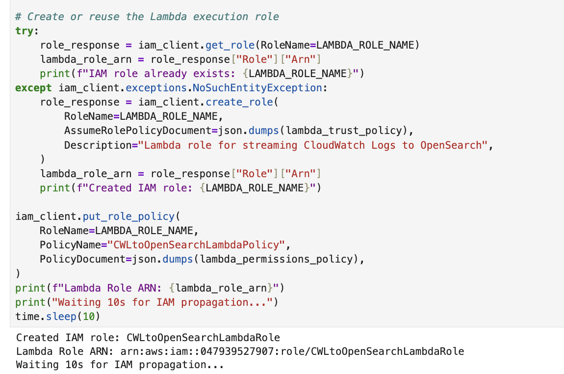 Notebook cell that creates an IAM role for the Lambda function
