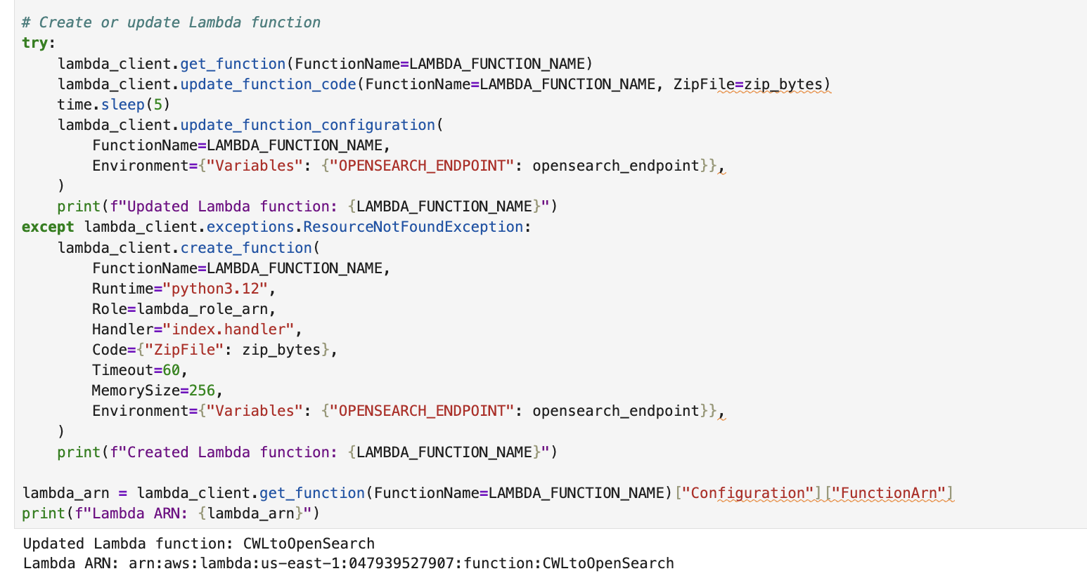 Notebook cell that creates the Lambda function