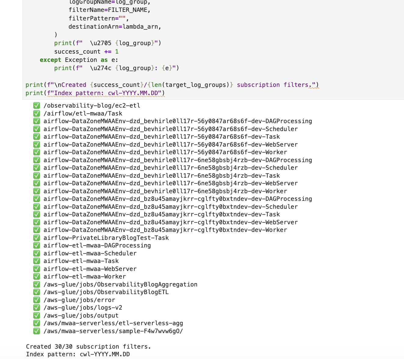 Notebook cell that grants CloudWatch Logs permission to invoke the Lambda function