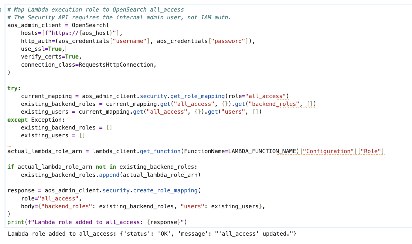 Notebook cell that maps the Lambda execution role to the OpenSearch all_access role