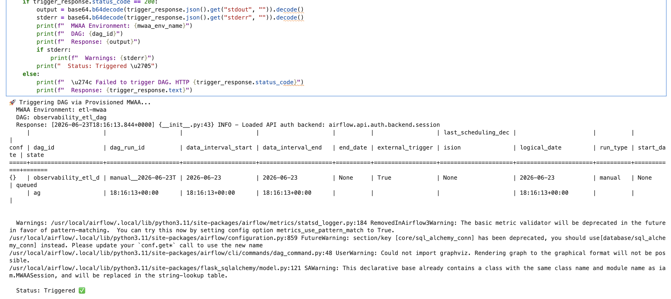 Notebook cell that triggers the ETL DAG