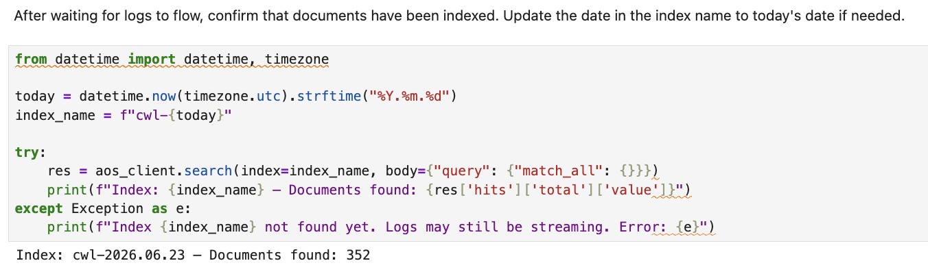 Notebook output that verifies log ingestion into OpenSearch