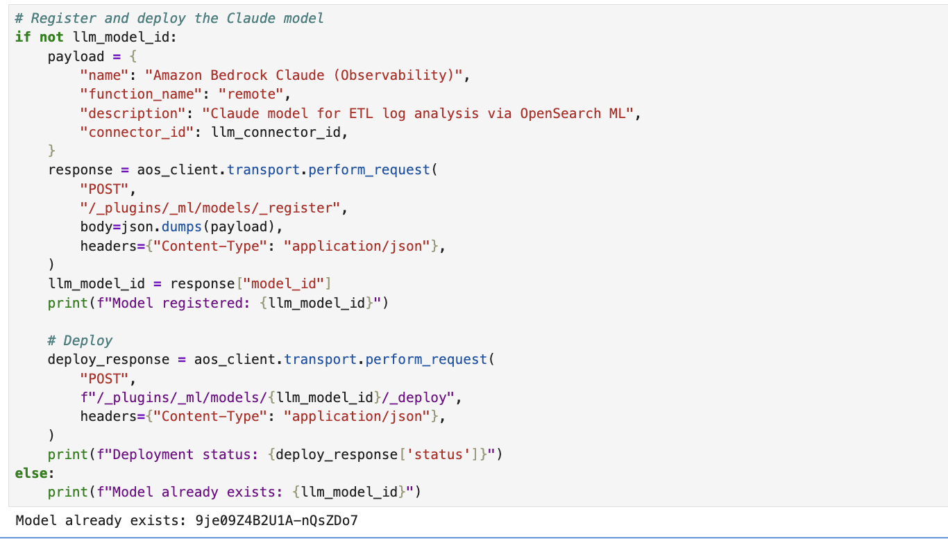 Notebook cell that registers and deploys the model in OpenSearch