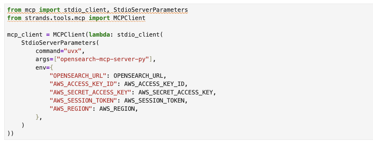Notebook cell that runs the OpenSearch MCP server locally through uvx