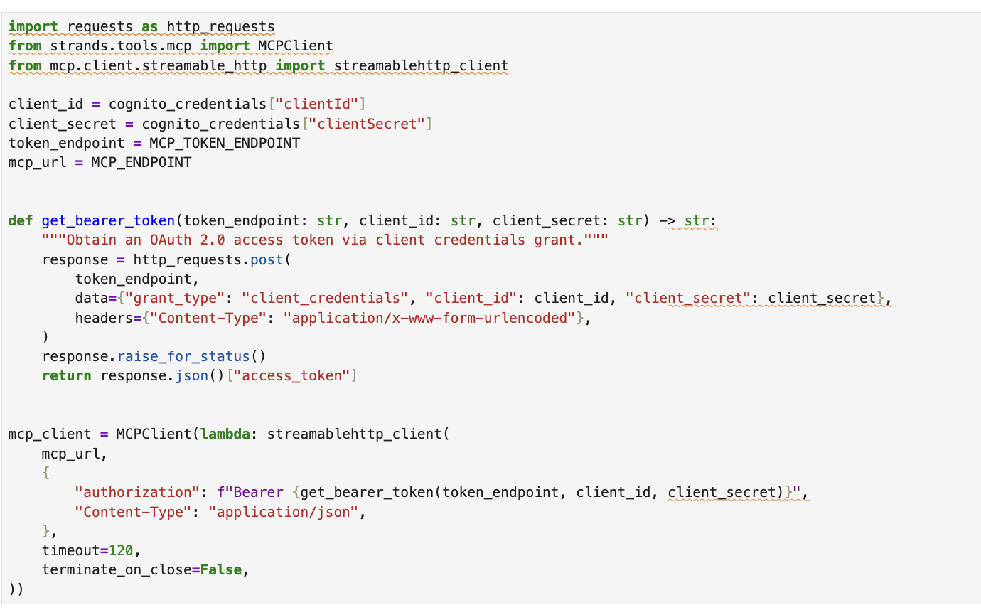 Notebook cell that connects to the production MCP server on Amazon Bedrock AgentCore