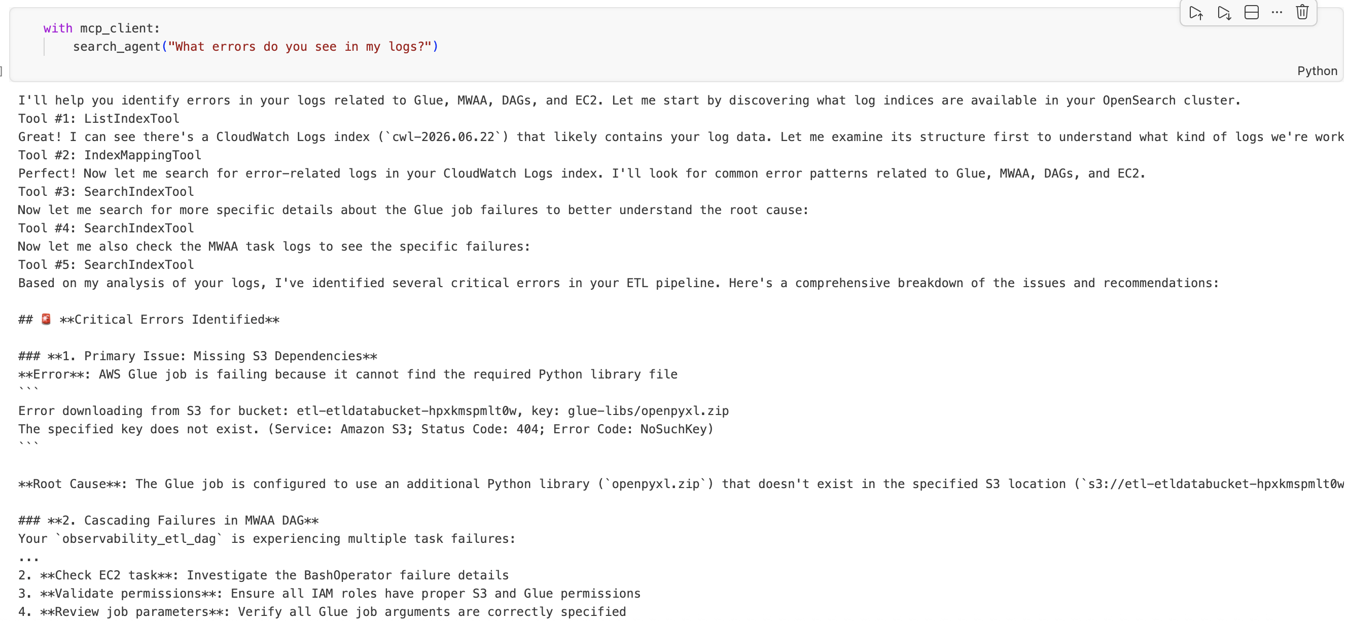 MCP client showing a natural language query and the ETL analysis agent’s structured findings from the pipeline-logs index