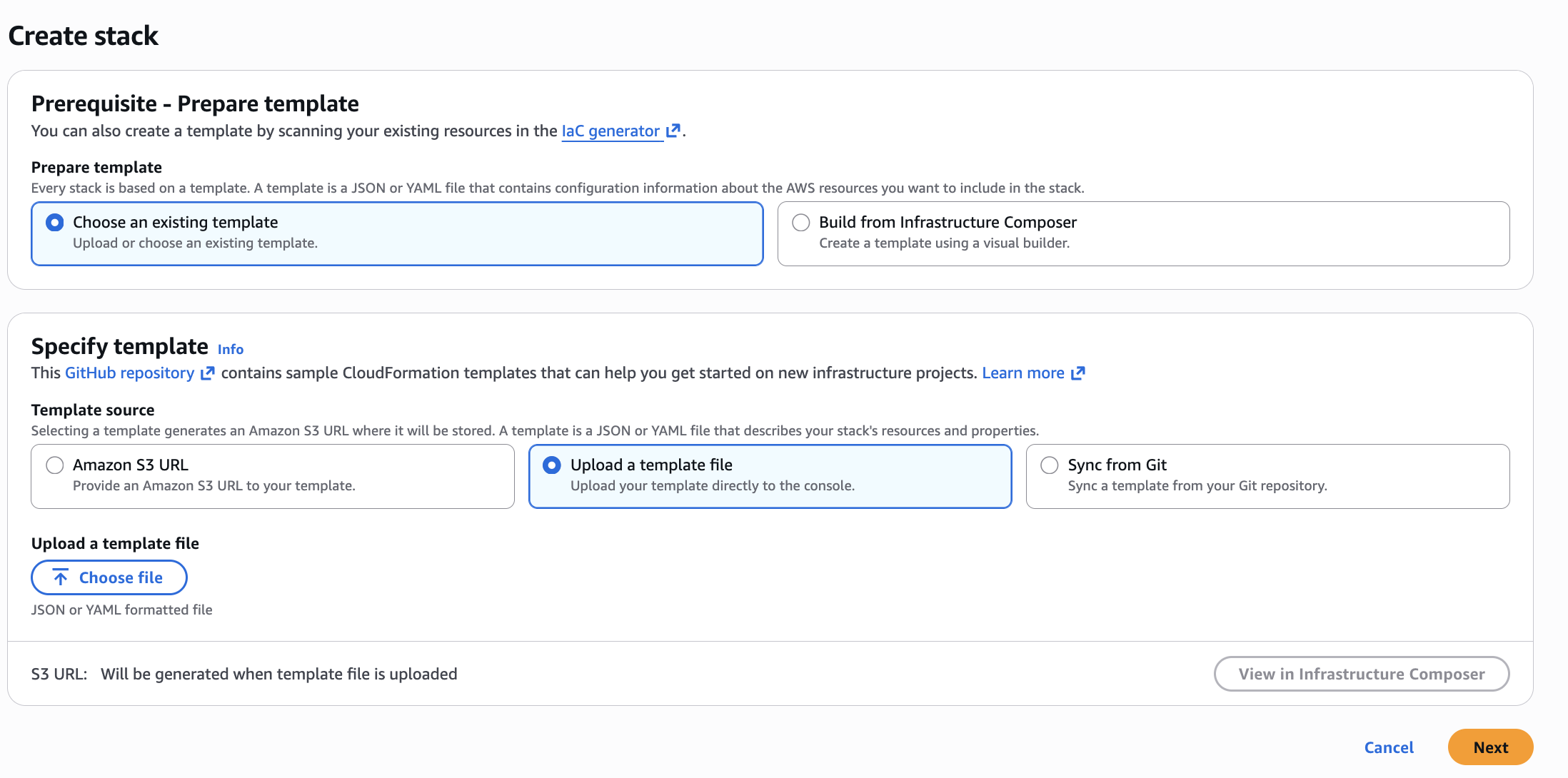 Create stack page in AWS CloudFormation with Upload a template file selected