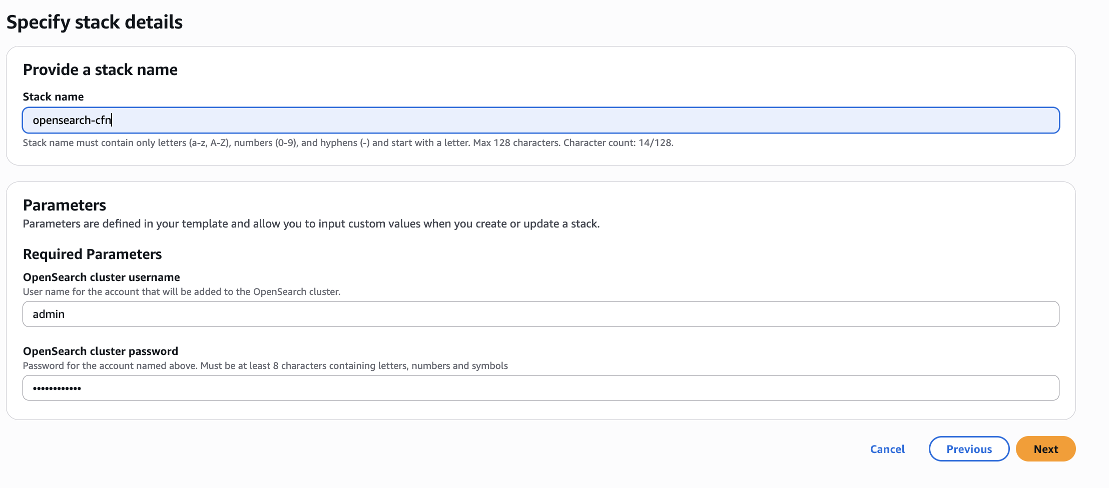 Configure stack options page showing the stack name opensearch-cfn