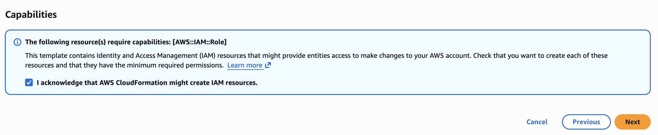 CloudFormation review page with the IAM capabilities acknowledgment checkbox selected