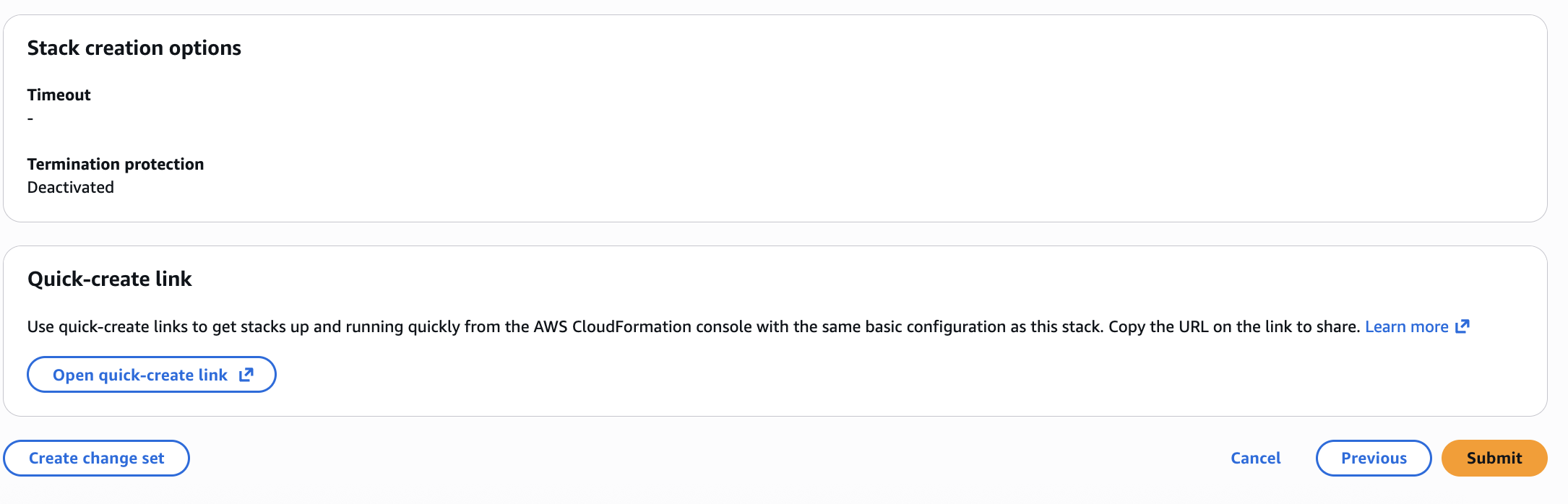 CloudFormation review page ready to submit the stack