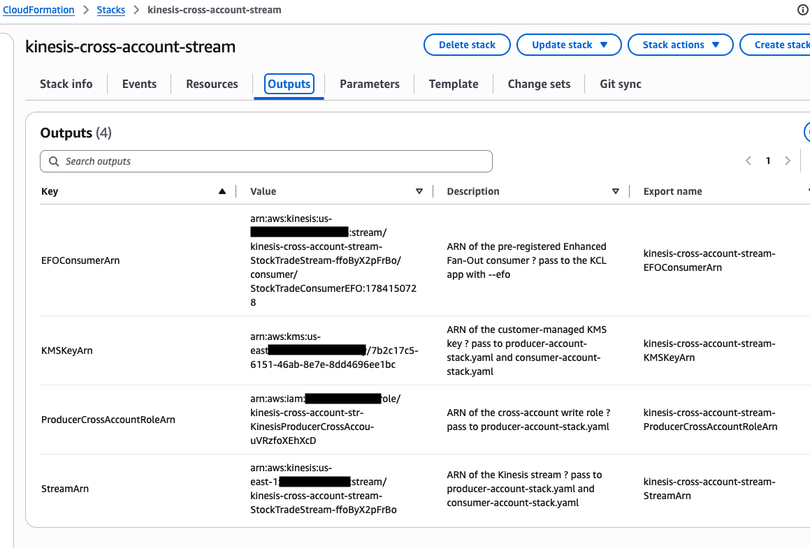 CloudFormation console showing the stream stack outputs, including StreamArn, KMSKeyArn, ProducerCrossAccountRoleArn, and EFOConsumerArn