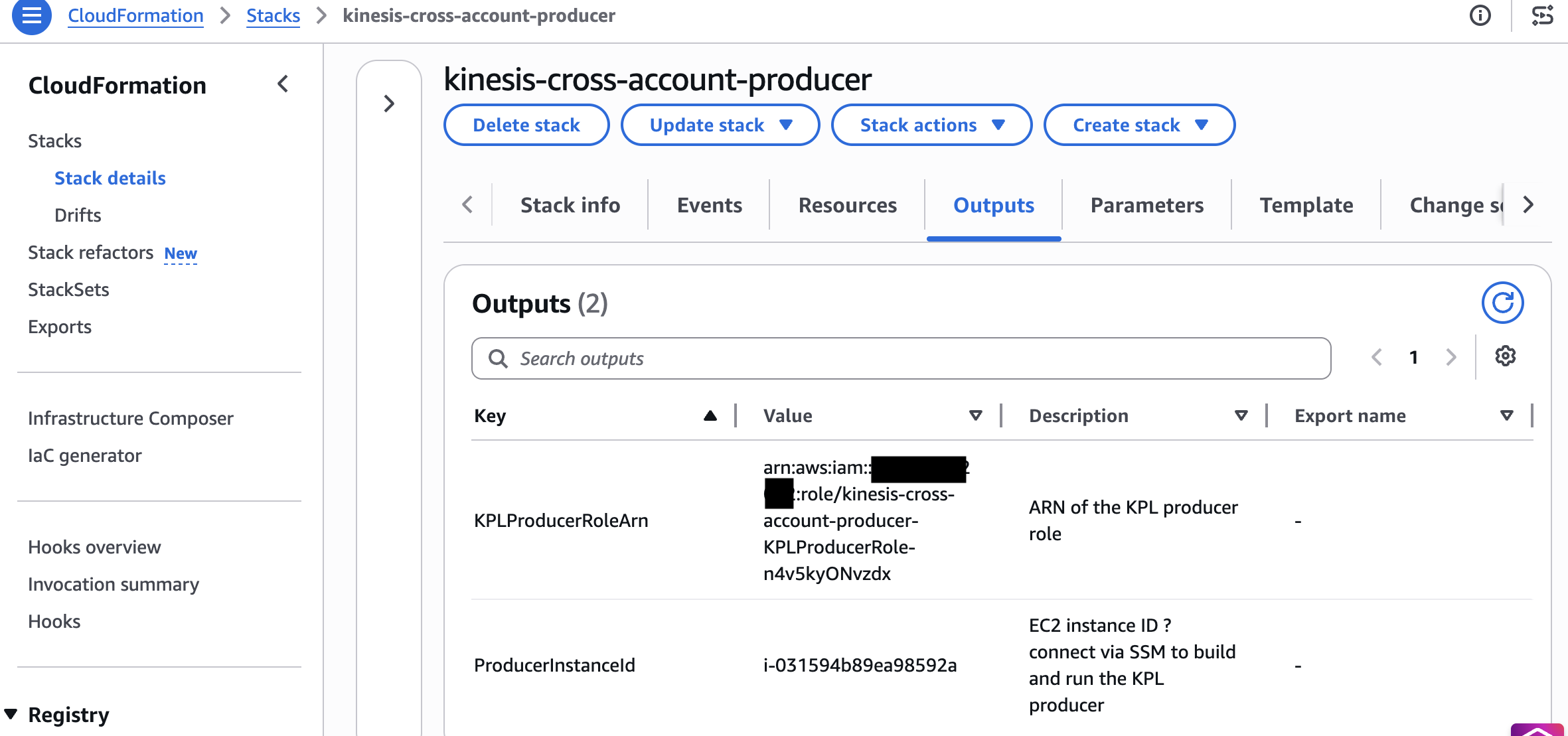 CloudFormation console showing the producer stack deployment outputs